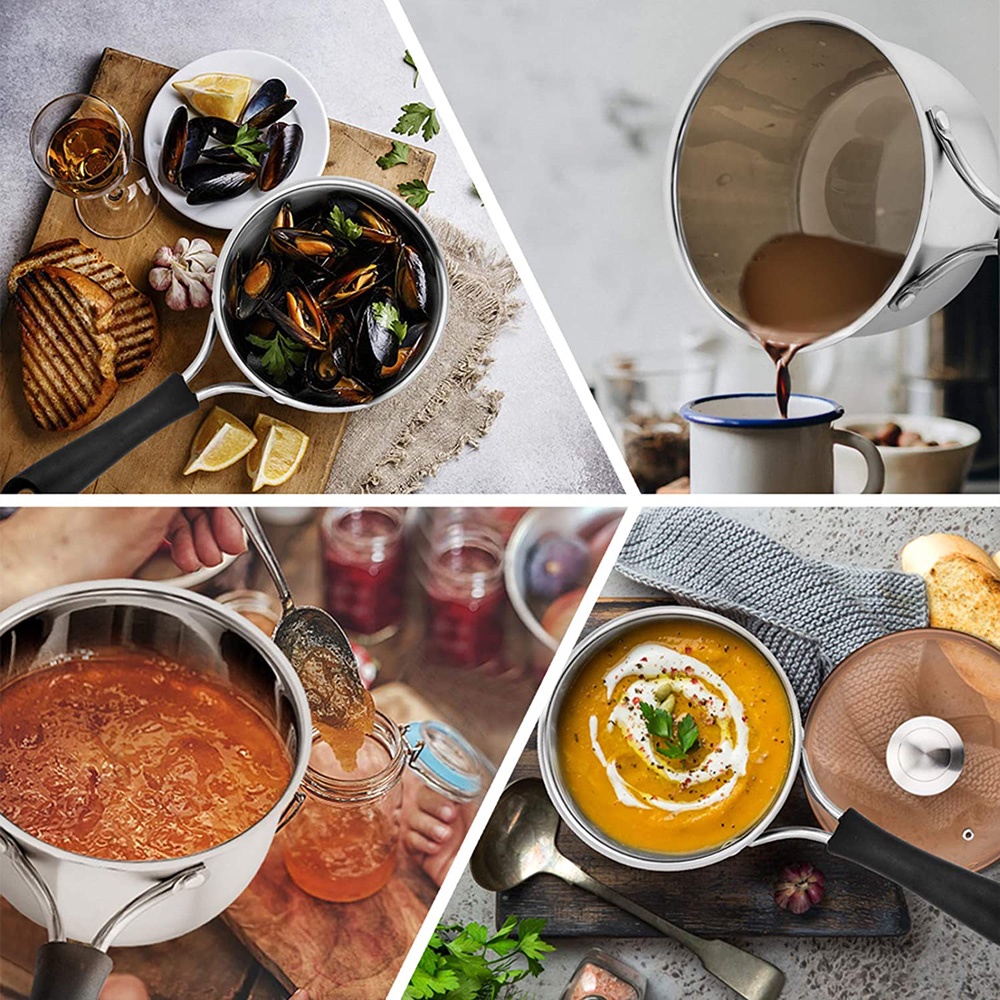 Panci Masak Steamer Panci Enamel Tutup Kaca Tahan Panas 1.2L