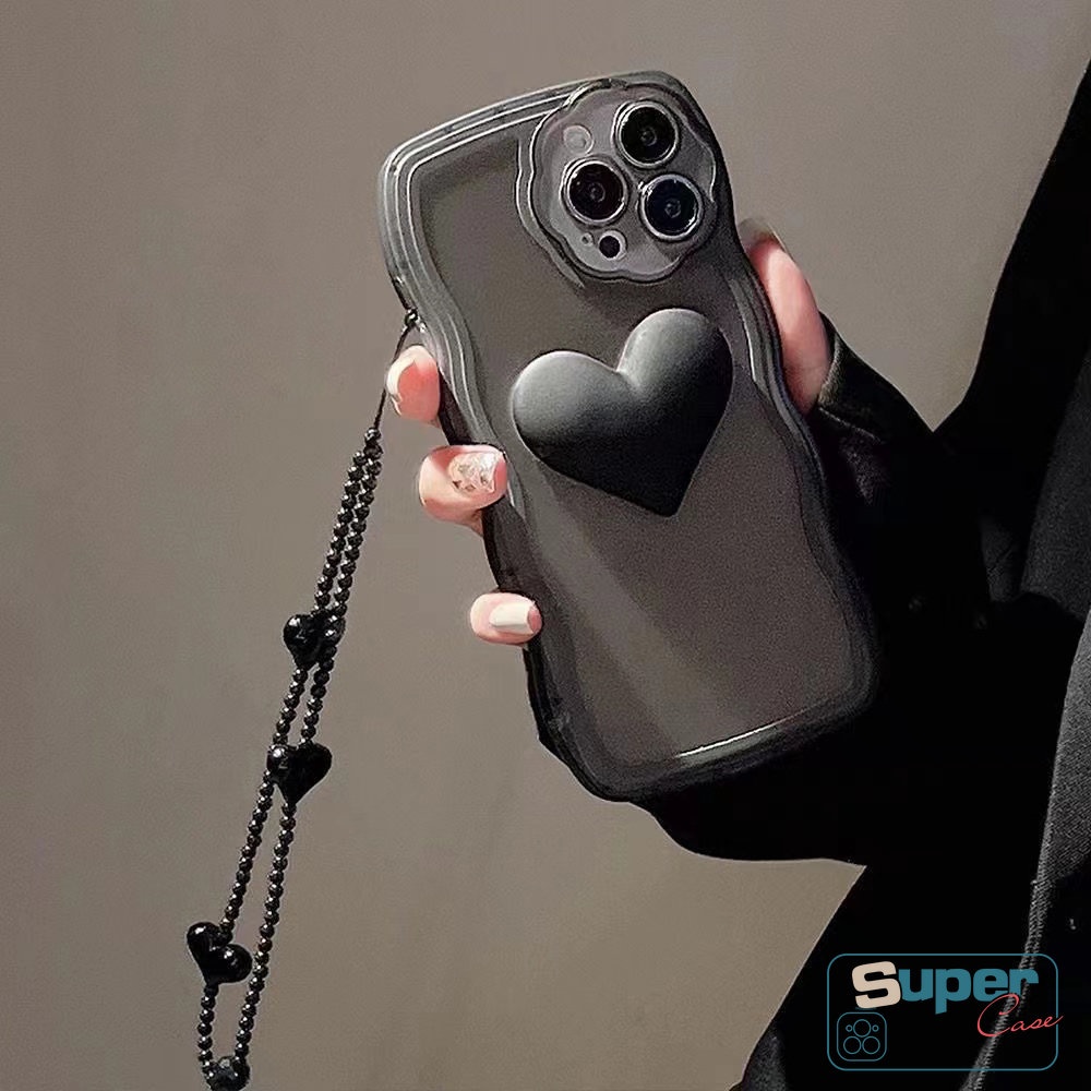 Soft Case TPU Motif Hati 3D Warna Hitam Untuk iPhone 11 12 13 14 Pro MAX XR X XS MAX 14 6 6s 7 8 Plus