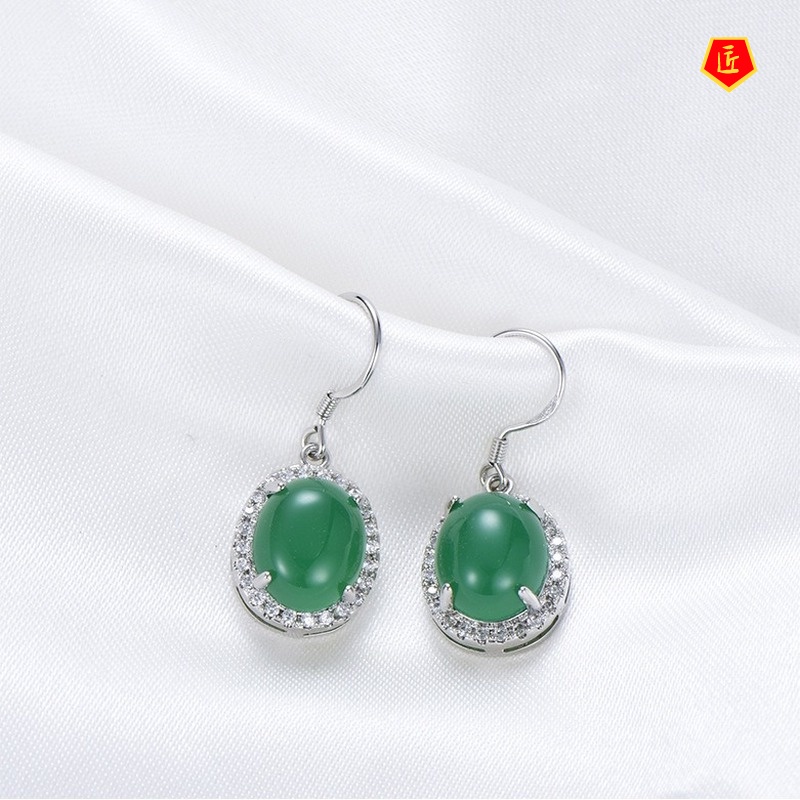 [Ready Stock]S925 Silver Jade Agate Earrings Vintage Full Diamond