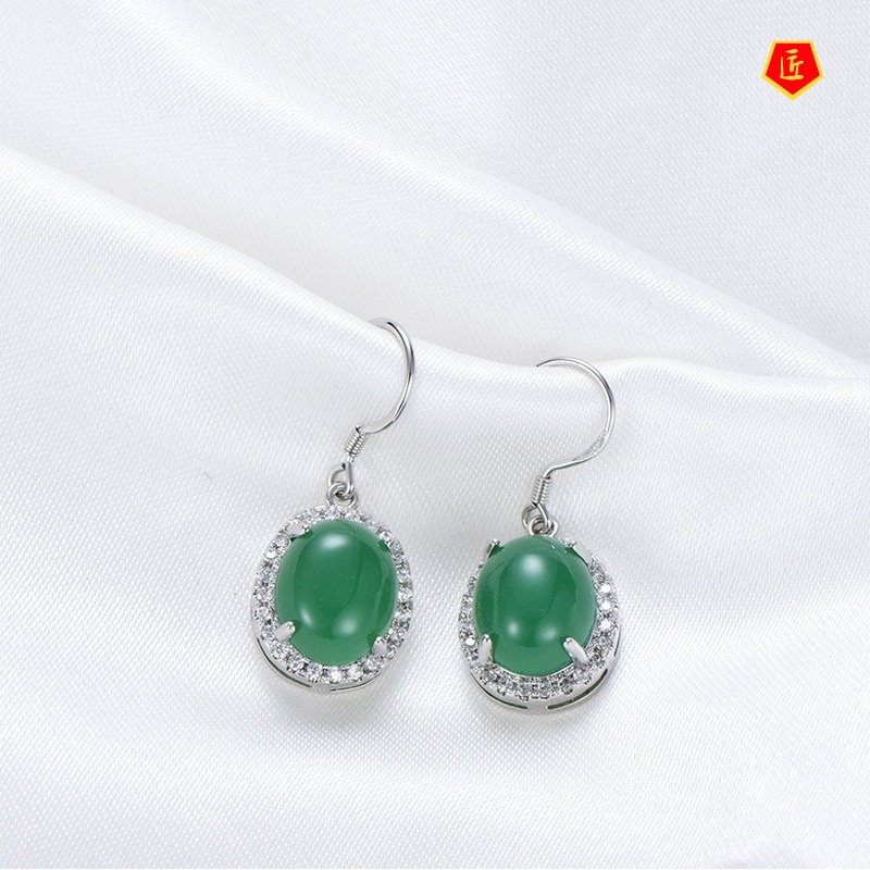 [Ready Stock]S925 Silver Jade Agate Earrings Vintage Full Diamond