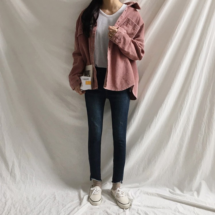 Kemeja Wanita Lengan Panjang Model Longgar Bahan Corduroy 2 Warna