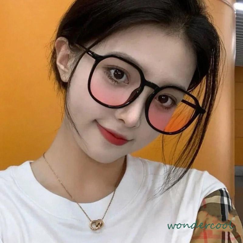 Gradien Pink Blush Glasses Perempuan Anti-biru Warna Cahaya Mengubah Kacamata Bingkai Besar-Won