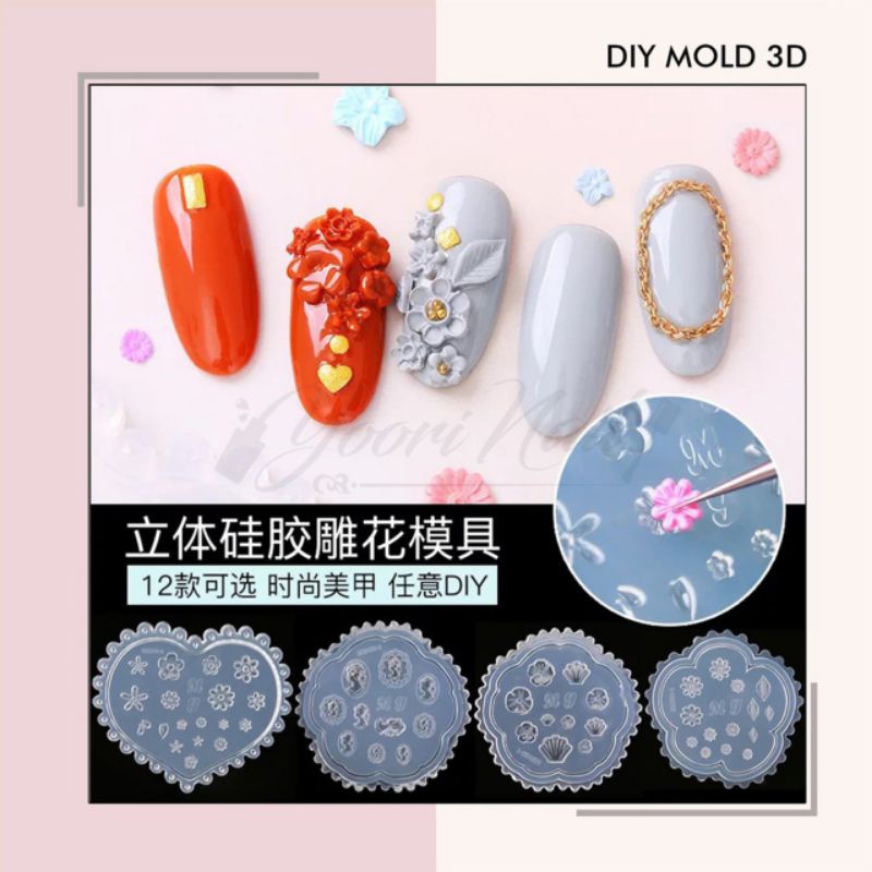 DIY MOLD 3d (A) nail art cetakan silicone gel acrylic mold hati crown kerang heart flower mix shaped