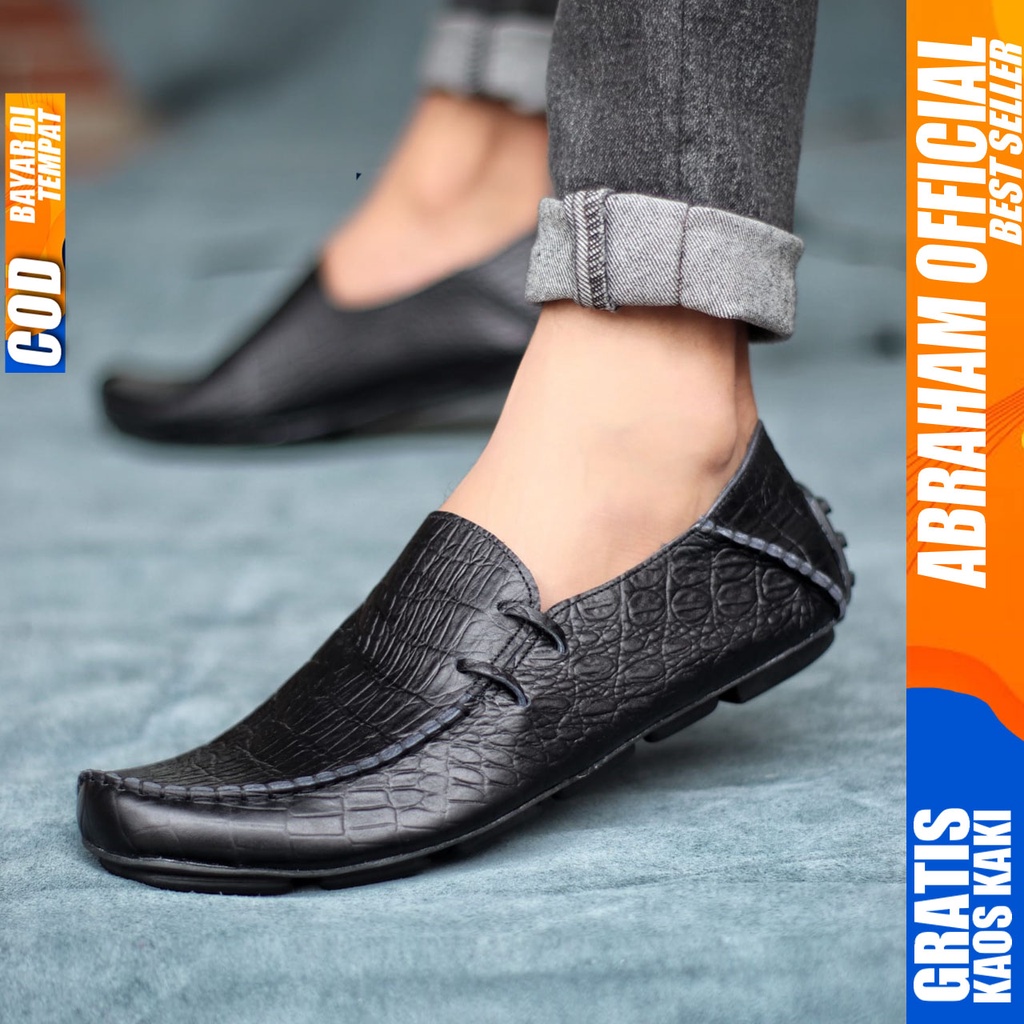 ABRHM x MOCLAY Sepatu Slip On Kasual Pria Sepatu Slop Santai Mokasin Kulit Asli Cowok Sepatu Kerja Pantofel Kantor Ori Gaya Keren Kekinian