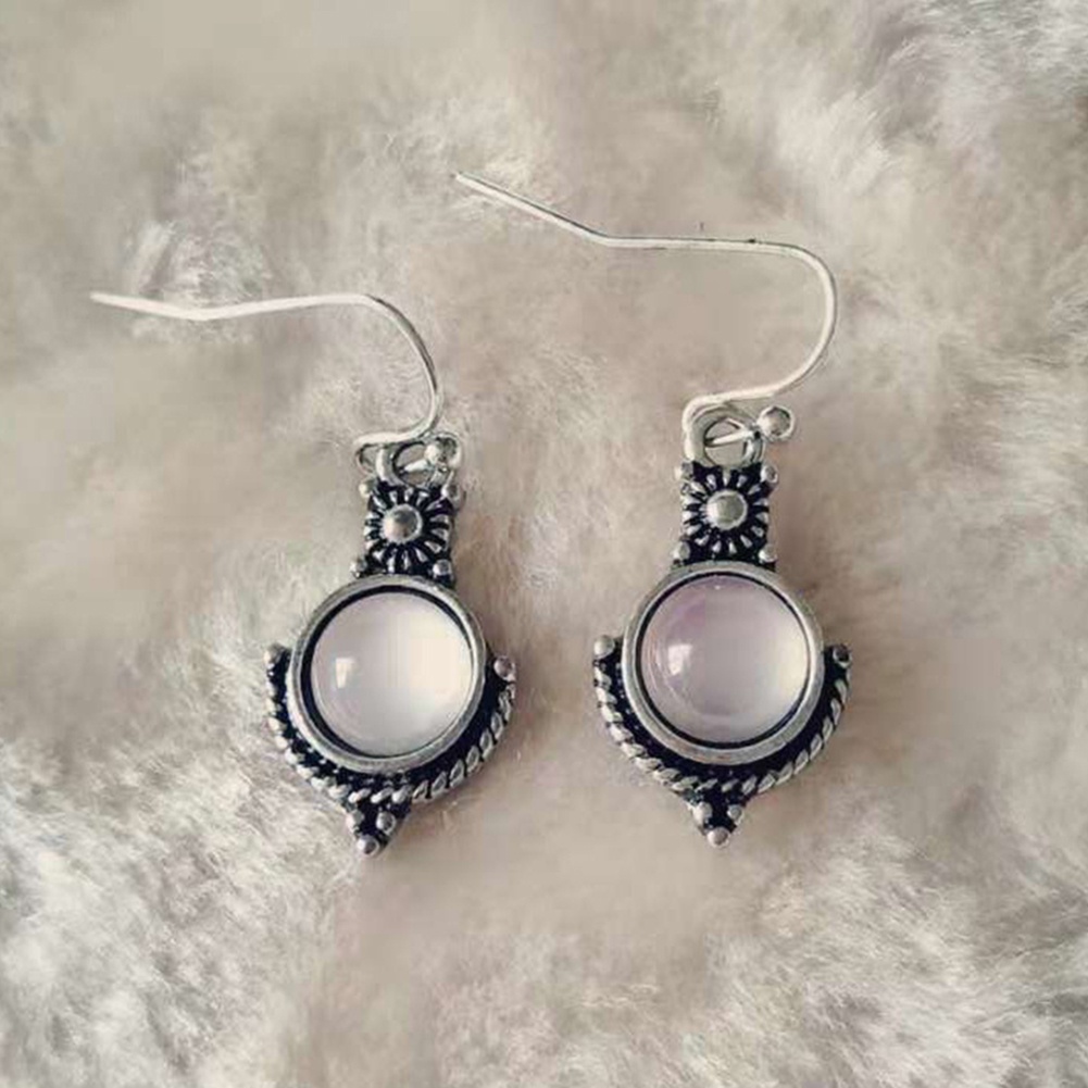 Hu Hu Hu Hu Hu Alat Bantu Pasang Kacamata♡ Anting Kait Gantung Wanita Desain Bulat Hollow Hias Moonstone Imitasi Gaya Vintage Untuk Hadiah