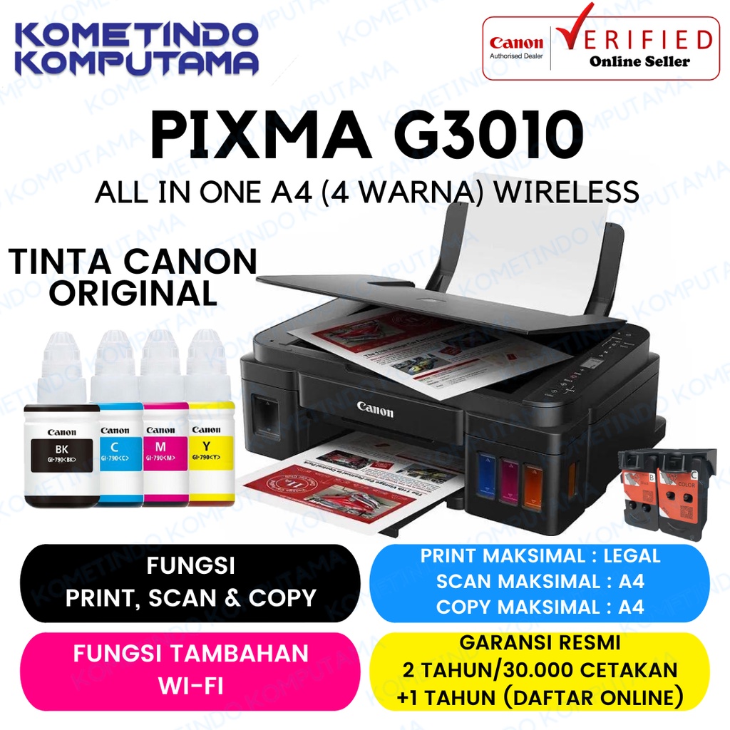 Printer Canon G3010 PIXMA G-3010 TINTA ORIGINAL 100% Print Scan Copy WiFi GARANSI RESMI CA91 / CA92 / GI-790 - Ink Tank Infus