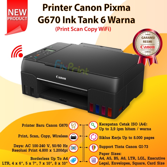 Printer Canon Pixma G670 G-670 Ink Tank Photo 6 Warna Print Scan Copy