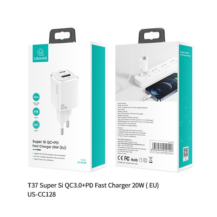 USAMS Adaptor Kepala Charger Dual Port Type C+USB Fast Charging PD 20W