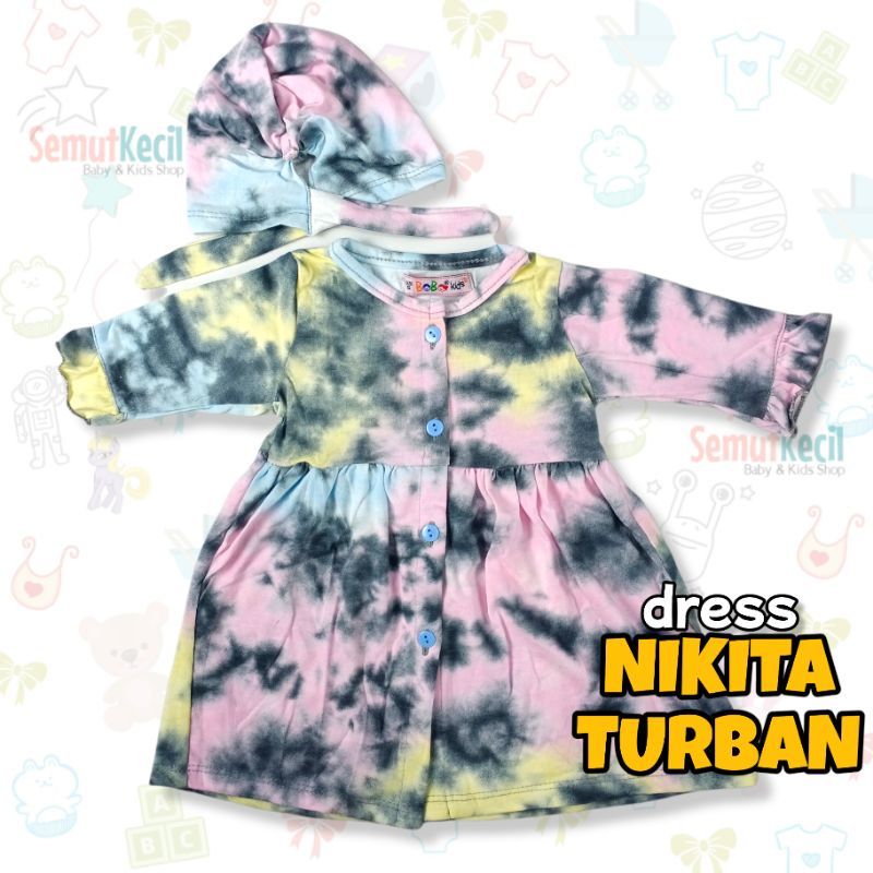 NIKITA 0 - 2 THN DRESS ANAK BAYI PEREMPUAN FREE TURBAN Baju Anak Bayi Perempuan Cewek Dres Baby Girl Nicta Bobo Kids-K DyePinkYellowGray