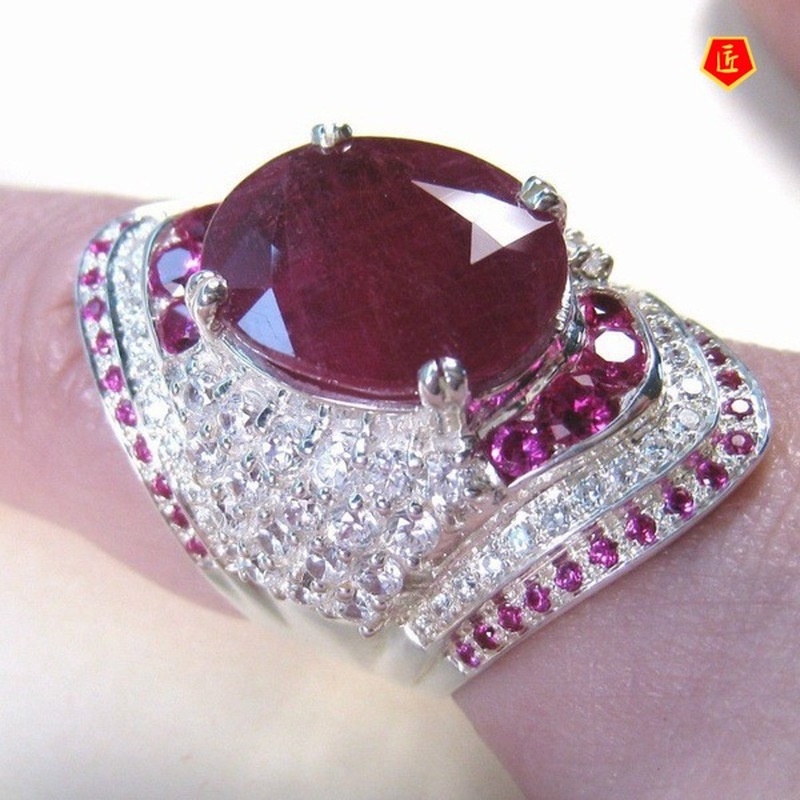 [Ready Stock]Inlaid Ruby 925 Silver Ring European and American Exaggerated