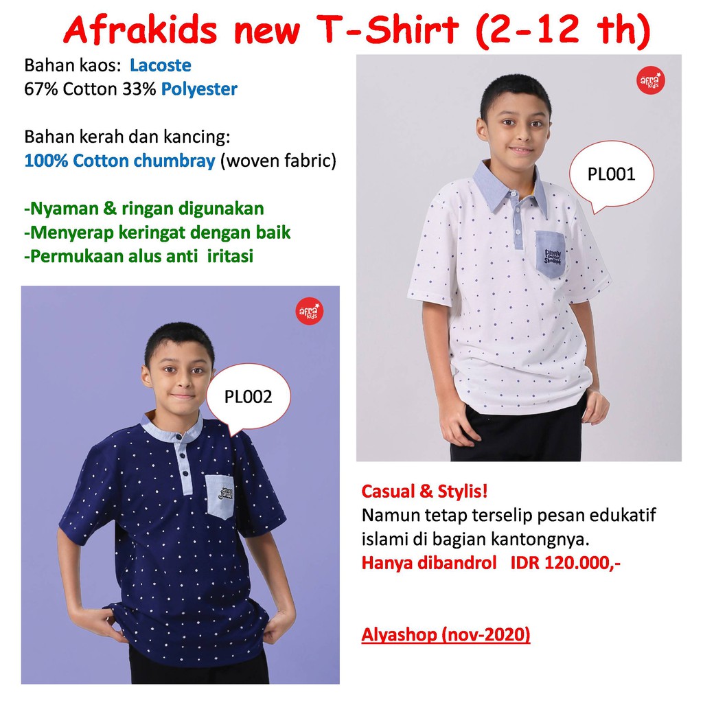 T-Shirt Polo AFRAKIDS untuk 2-12 th,  PL001 White, PL002 Navy,  Ada PROMO LAUNCHING nya.............