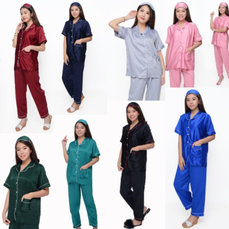 pajamas satin polos wanita dewasa setelan celana panjang baju tidur lengan pendek set