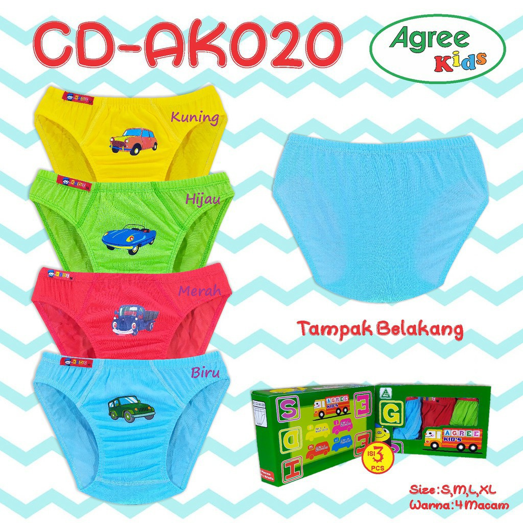 3PCS AGREE | Celana dalam Anak cowok katun tebal polos / Sempak anak Laki-laki Art AK020 KL