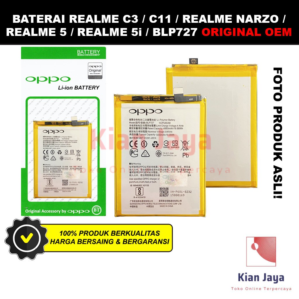 Baterai Realme C3 / C11 / Realme 5 / 5i / Narzo BLP727 Original OEM Batre Batrai Battery Hp BLP 727 REAL ME Ori