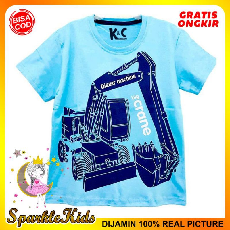 SparkleKids Baju Anak / Kaos Anak Laki-Laki Motif Digger Machine Blue 1-10 Tahun