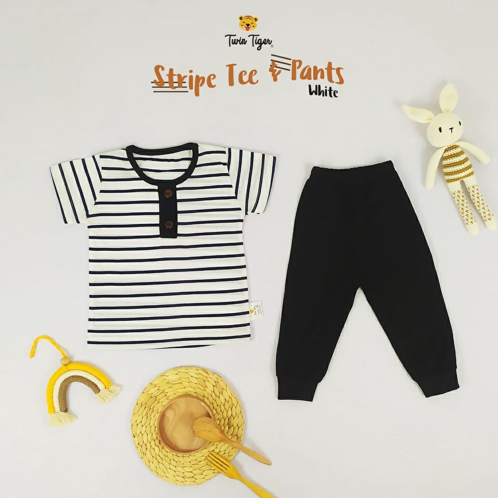 TWIN TIGER SETELAN PENDEK + PANJANG SET ANAK STRIPE TEE BAJU ANAK GARIS 1 - 5 TAHUN