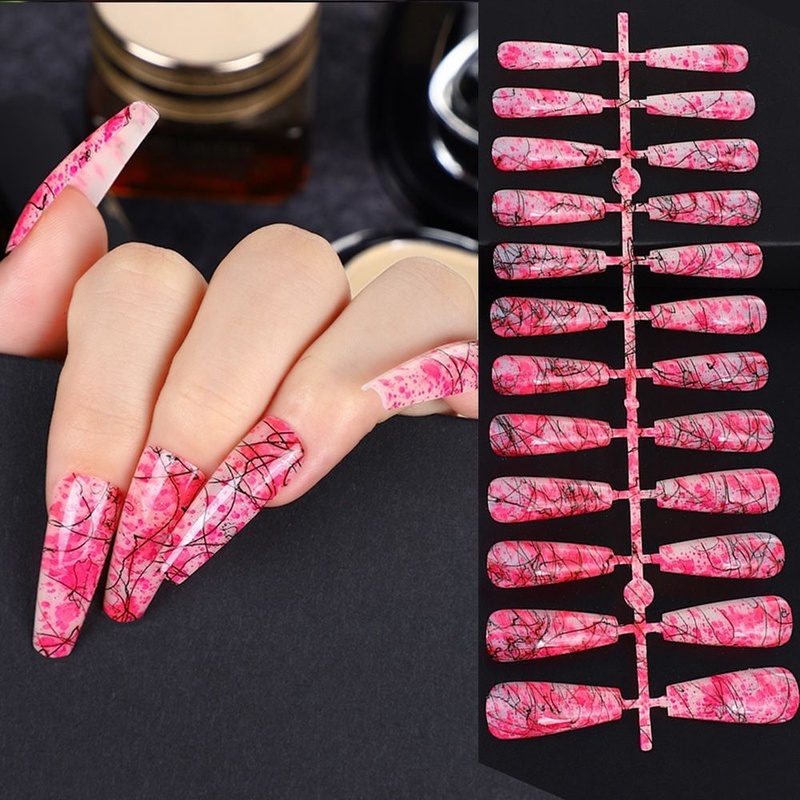 [24Pcs/Box 12 Different Size Natural Vignetting Brushing  Full Cover Long Ballerina Coffin Fake Nails] [Clear Acrylic Artificial False Nails Tips] [DIY Nail Art Accessories]