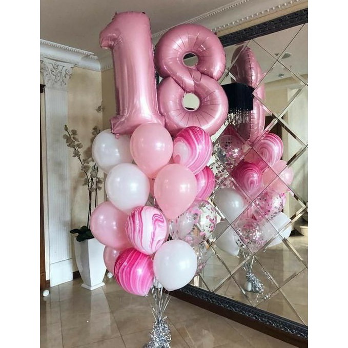 BalonDekor BD039 Paket Birthday Premium set Balon marble pink silver white balon Angka / Paket ULTAH