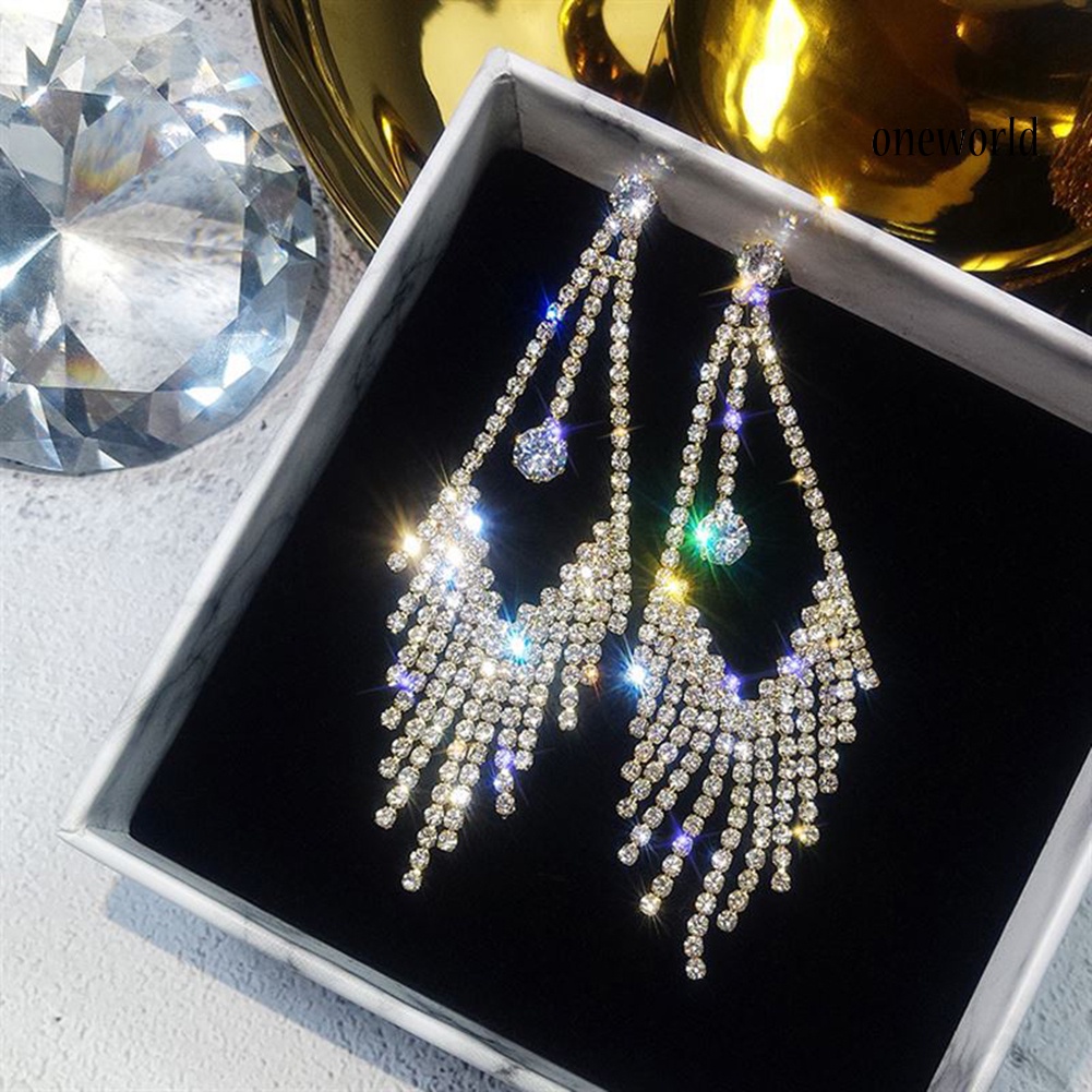 OW@ Luxury Geometric Tassel Rhinestone Long Dangle Women Stud Earrings Jewelry Gift