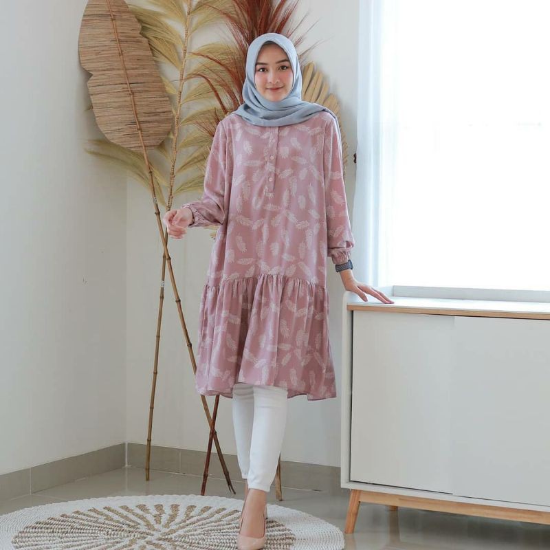 Disti Tunik / Tunik Motif Daun / Baju Kantor / Tunik Rayon