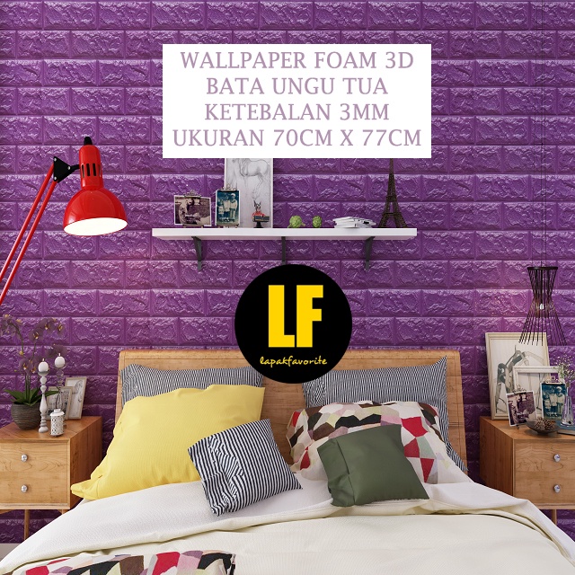 AA Wallpaper Foam Ungu Tua Bata 3D Bata Warna Ungu Tua Premium Wall Paper Sticker Tebal 3MM
