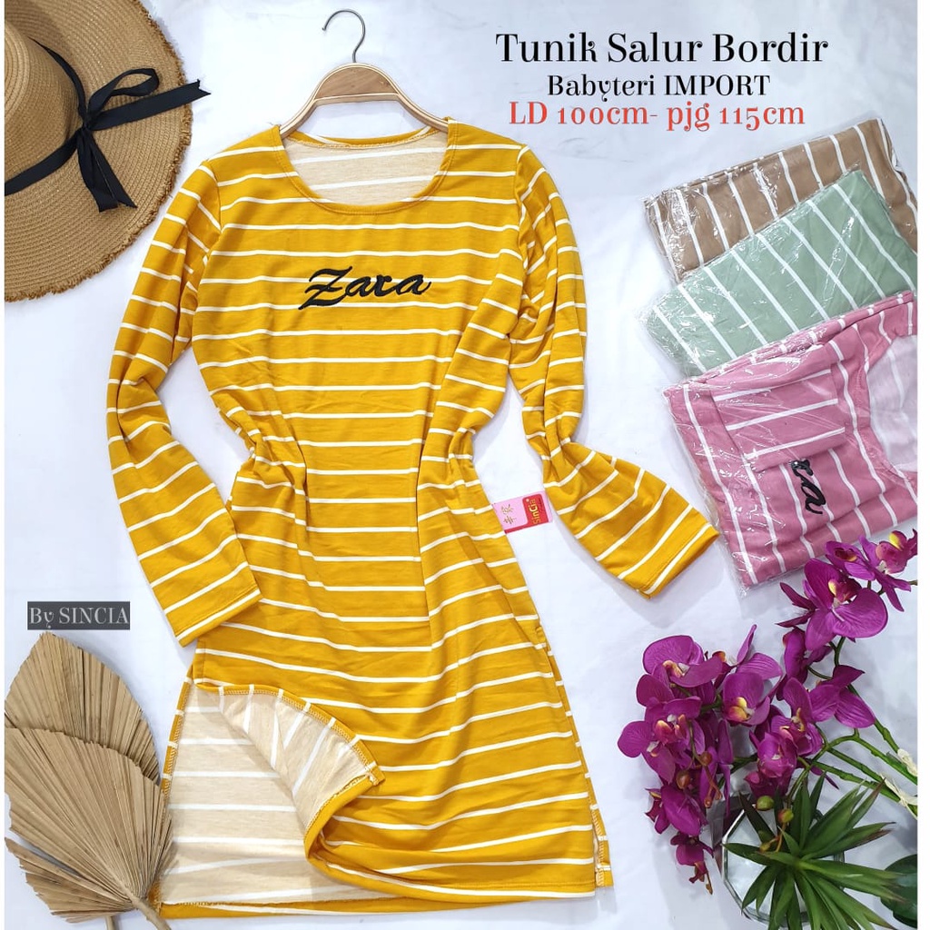 Baju Fashion Muslim Atasan Wanita Tunik Salur Babbyterry Import Premium KUNING