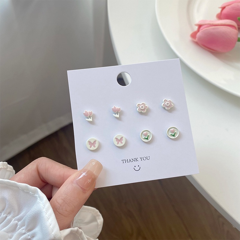 8pcs / LOT Anting Stud S925 Silver Desain Bunga Tulip Butterfly Untuk Anak Perempuan