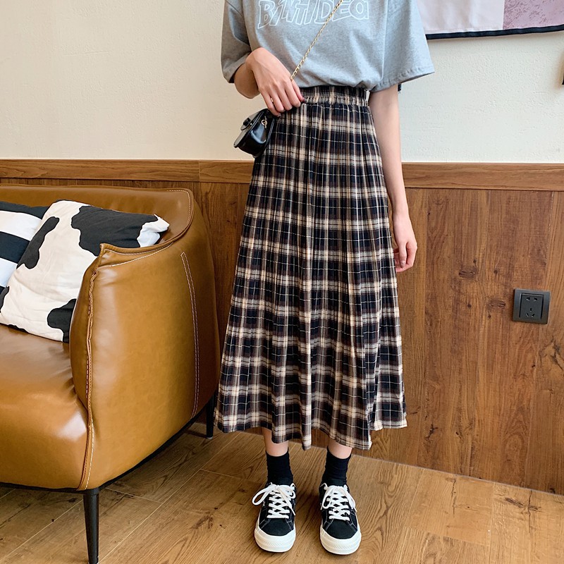 2022 musim panas Versi Korea Retro kisi garis Pinggang tinggi longgar Rok serba cocok