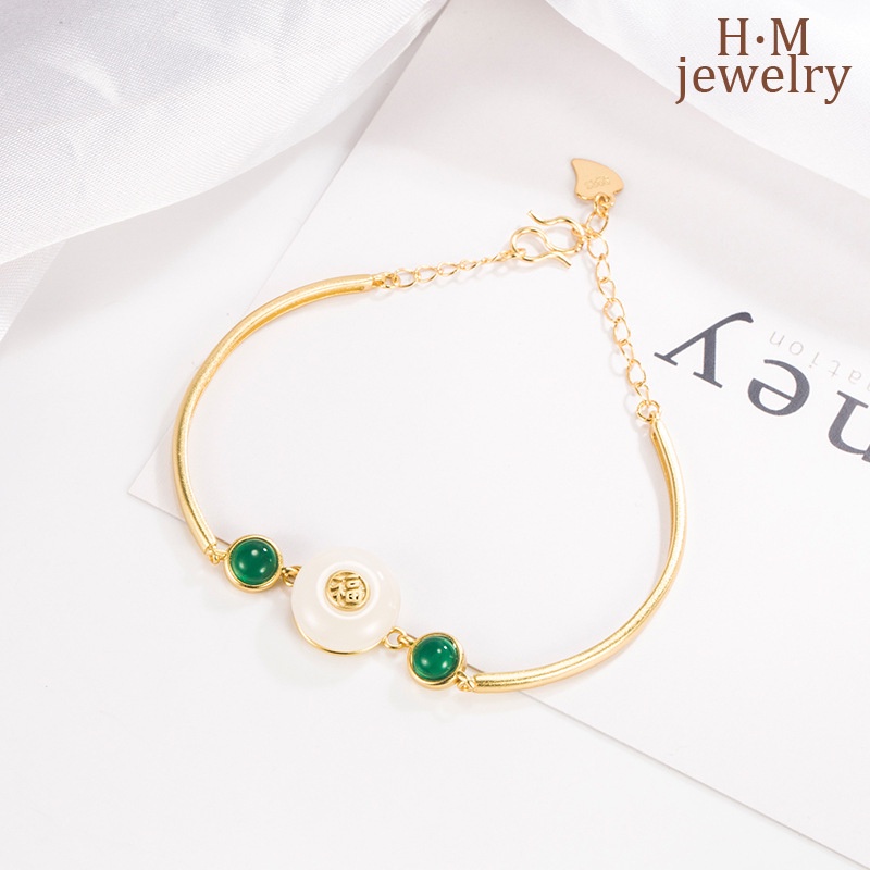 Gelang Tangan Sterling Silver 925 Aksen Batu Jade Putih Retro Untuk Wanita