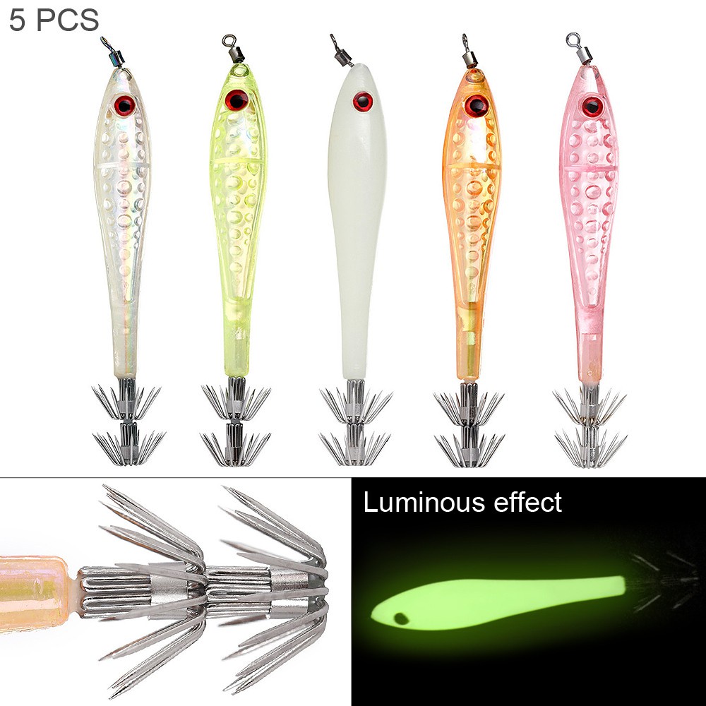 5pcs Luminous Squid Jigs Hook Fishing Lures Baits, Shrimp Prawn Tackle Hooks Lure, Stainless Steel Squid Hooks Glow in Dark for Saltwater Fishing Octopus Cuttlefish Hook Set