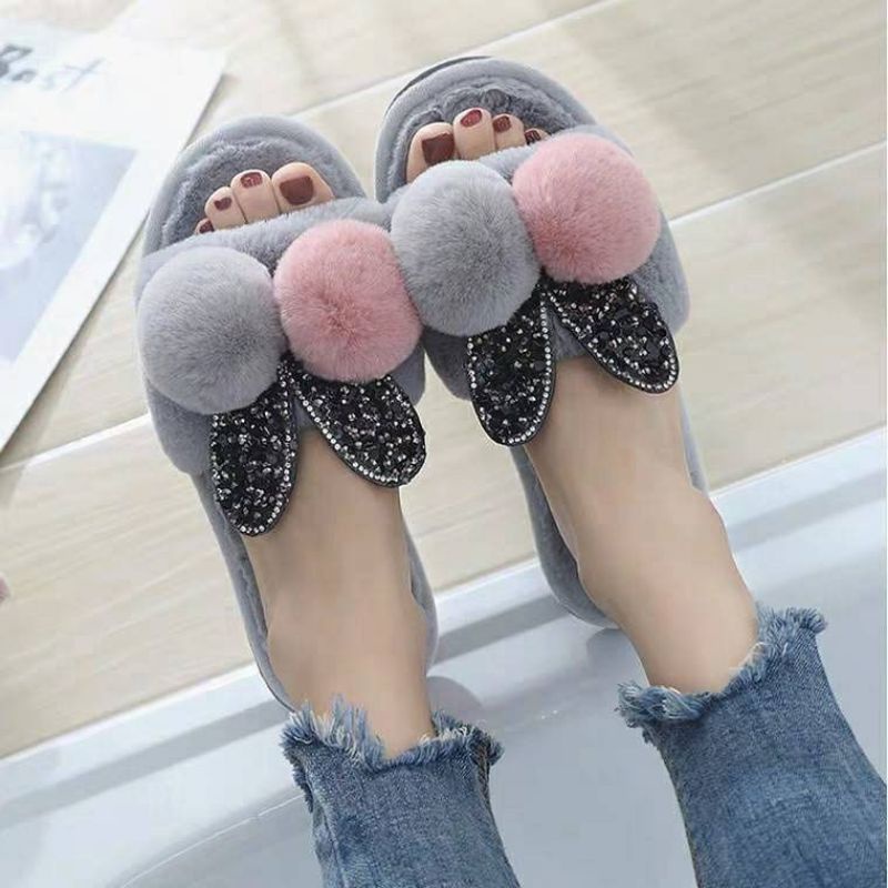 Sandal Wanita Sandal Korea Kokop Bulu Pom-pom Kelinci 36/40