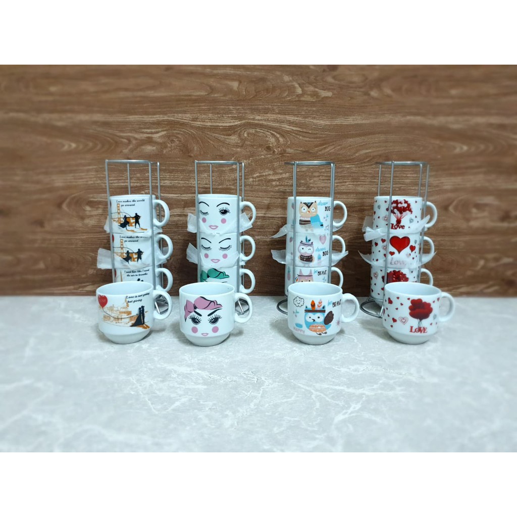 BABEE MUG KERAMIK SET 4 SUSUN SIZE S / CANGKIR GELAS 4 SUSUN BANYAK MOTIF / MUG TEH KOPI / KADO UNIK