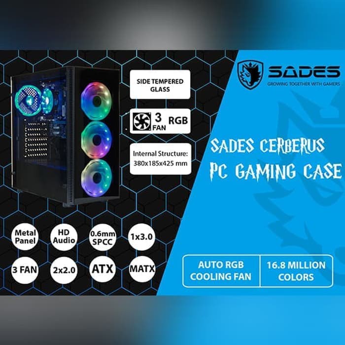 Casing PC SADES Cerberus Gaming PC Case RGB - Full Tempered Glass