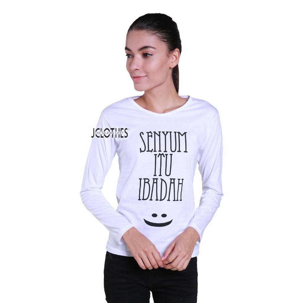 Kaos Wanita / Kaos Cewe / T-Shirt Wanita Lengan Panjang Senyum - Putih