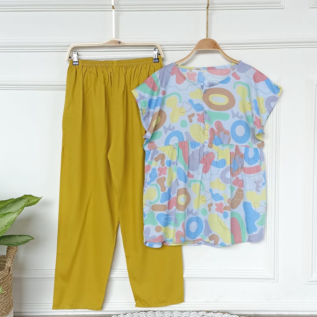 SETELAN BAJU TIDUR PIYAMA WANITA ONE SET PAJAMAS RUFFLE KANCING BUSUI CELANA PANJANG-BBR 14