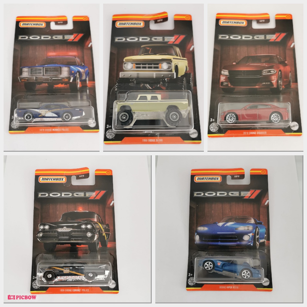 Matchbox SET Isi 5 Dodge Series | 1968 DODGE D-200 D 200 Hijau Pickup Pick Up | 2018 DODGE CHARGER Merah | 1978 DODGE MONACO POLICE CAR Biru Sheriff | 1959 DODGE CORONET POLICE CAR Hitam | DODGE VIPER RT/10 RT 10 Biru