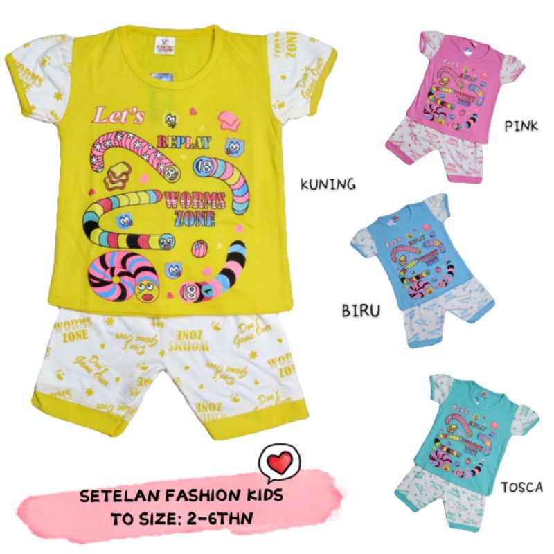 SETELAN BAJU ANAK PEREMPUAN 2-6 TAHUN MOTIF WORM ZONE