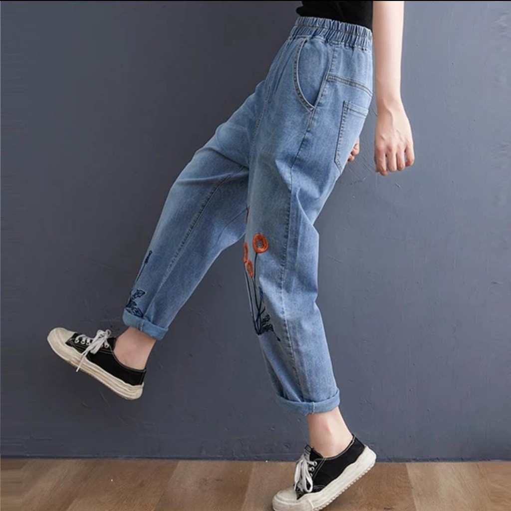 BAGGY JEANS BORDIR KOREAN STYLE KARET MUTER ALL MODEL (BEST SELLER) - KADIN PANTS