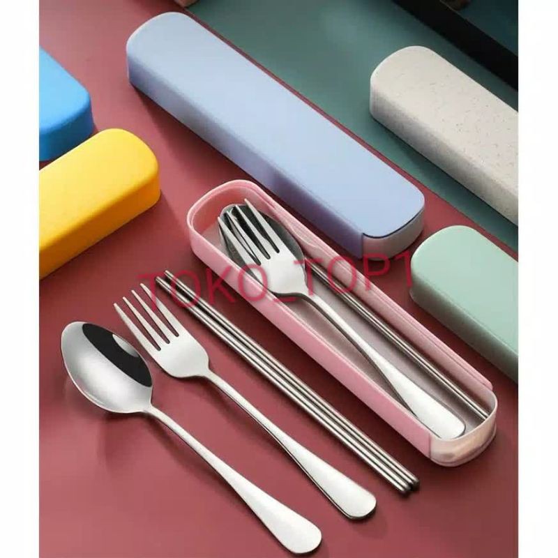 Sendok Garpu Sumpit set Stainless Steel Tebal Food Grade BOX