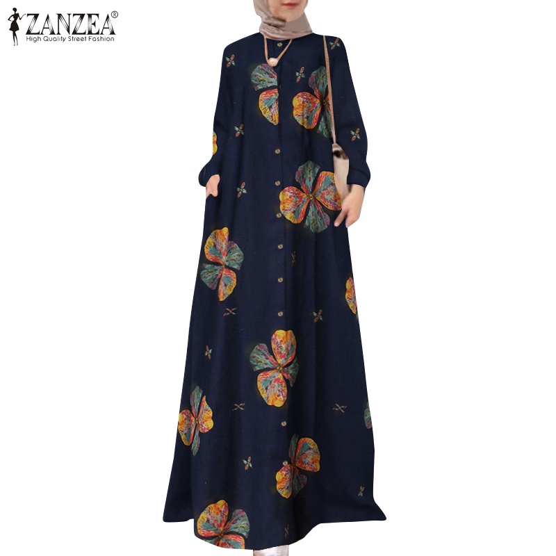 ZANZEA Women Printed Button Down Front Side Pockets Muslim Long Dress