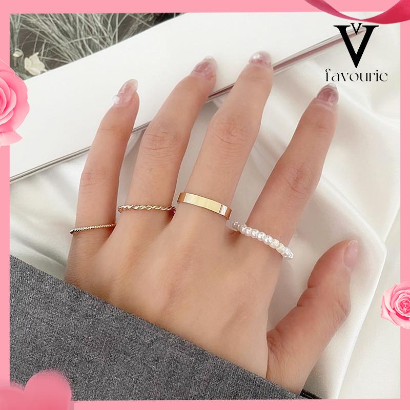 [COD]Korea Wanita Mutiara Cincin Wanita Emas Cincin Logam Set Fashion Perhiasan Aksesoris-FA