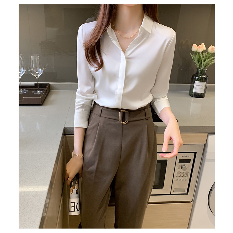 Red Purple Black White Grey Fashion Korea Style OL Work Shirts Lengan Panjang Blus Wanita Musim Panas Casual Blouse Warna Atasan kemeja