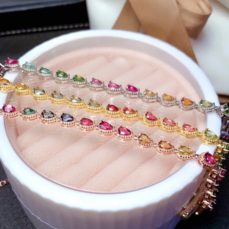 Gelang Rantai Lapis Silver S925 Hias Turmalin Warna Pelangi Untuk Wanita