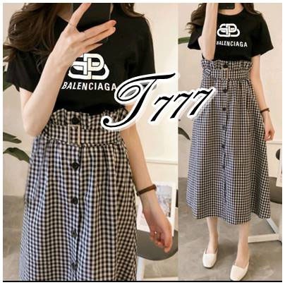 SETELAN ROK BALENCIAGA KAOS HITAM WANITA KOTAK PUTIH