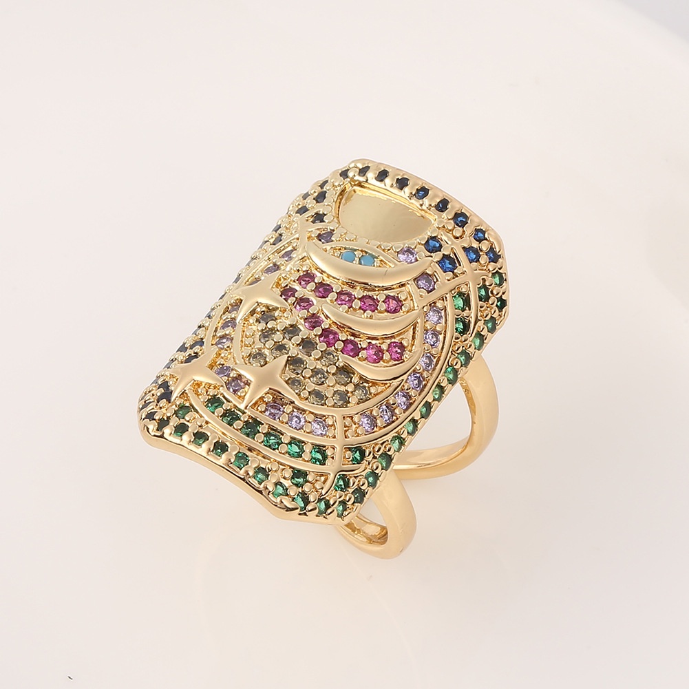 Ornamen tembaga lebar warna emas 18K zirkon cincin pria dan wanita pembukaan adjustable Cincin