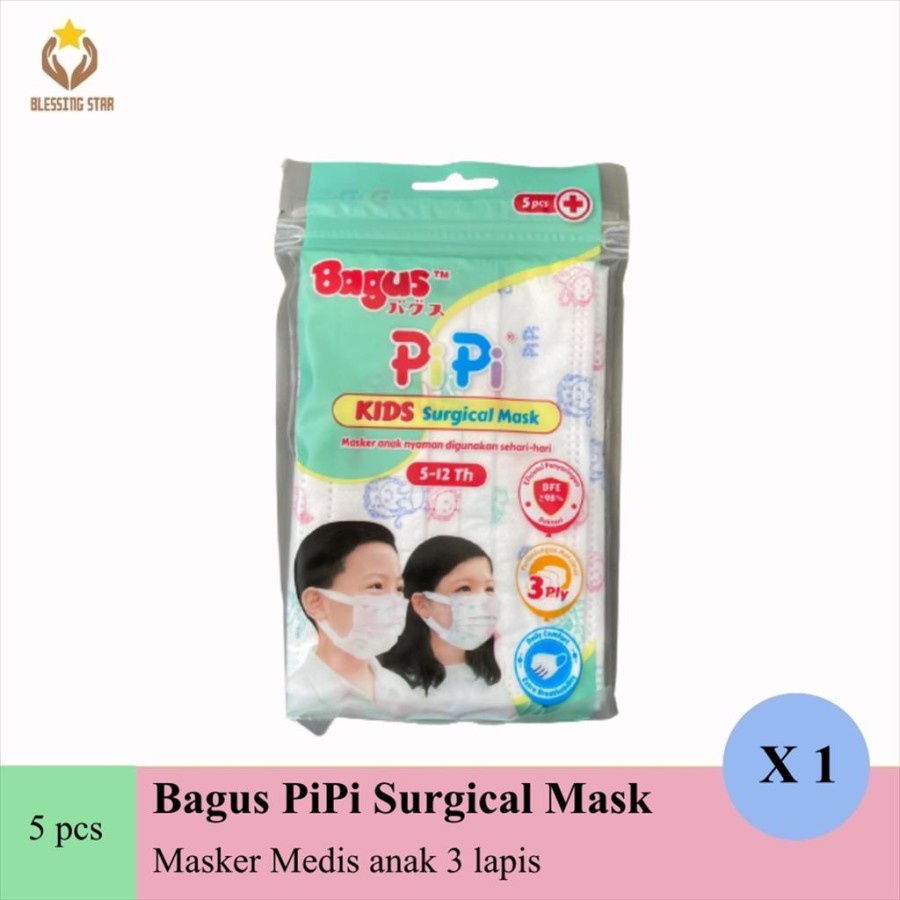 Bagus Masker medis anak isi 5 pcs PiPi kids surgical mask 3 ply