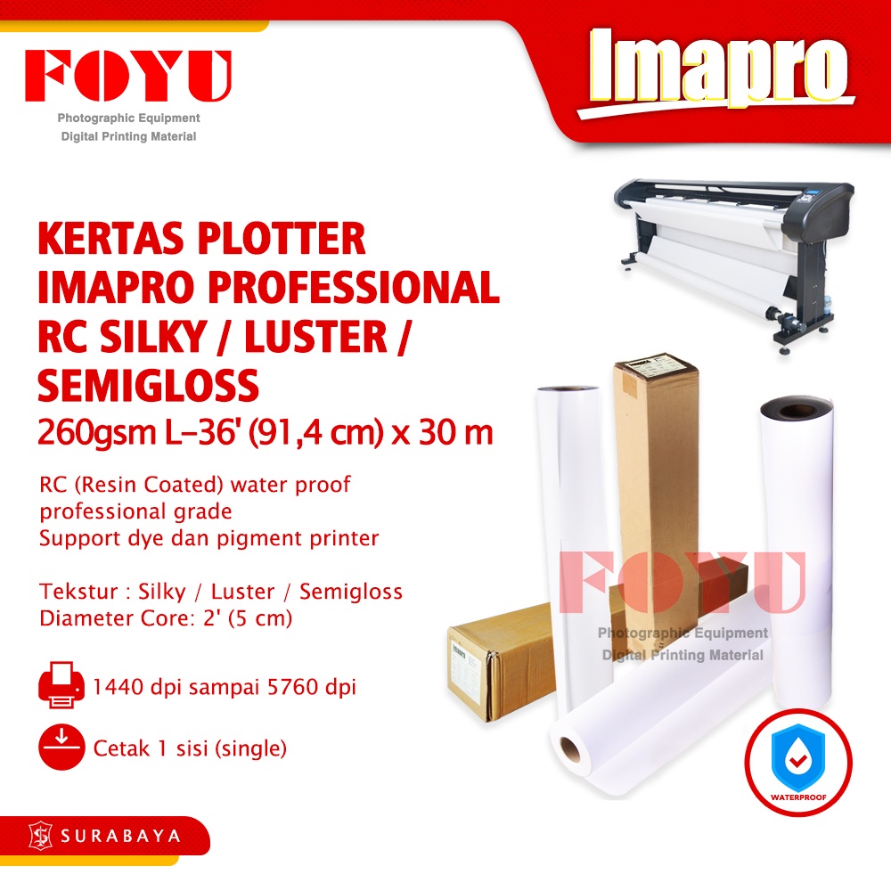 

Kertas Cetak Foto Photo Picture Roll Gulungan Paper Mesin Printer Plotter Imapro Professional RC Silky Luster 260gsm L-36'x30m