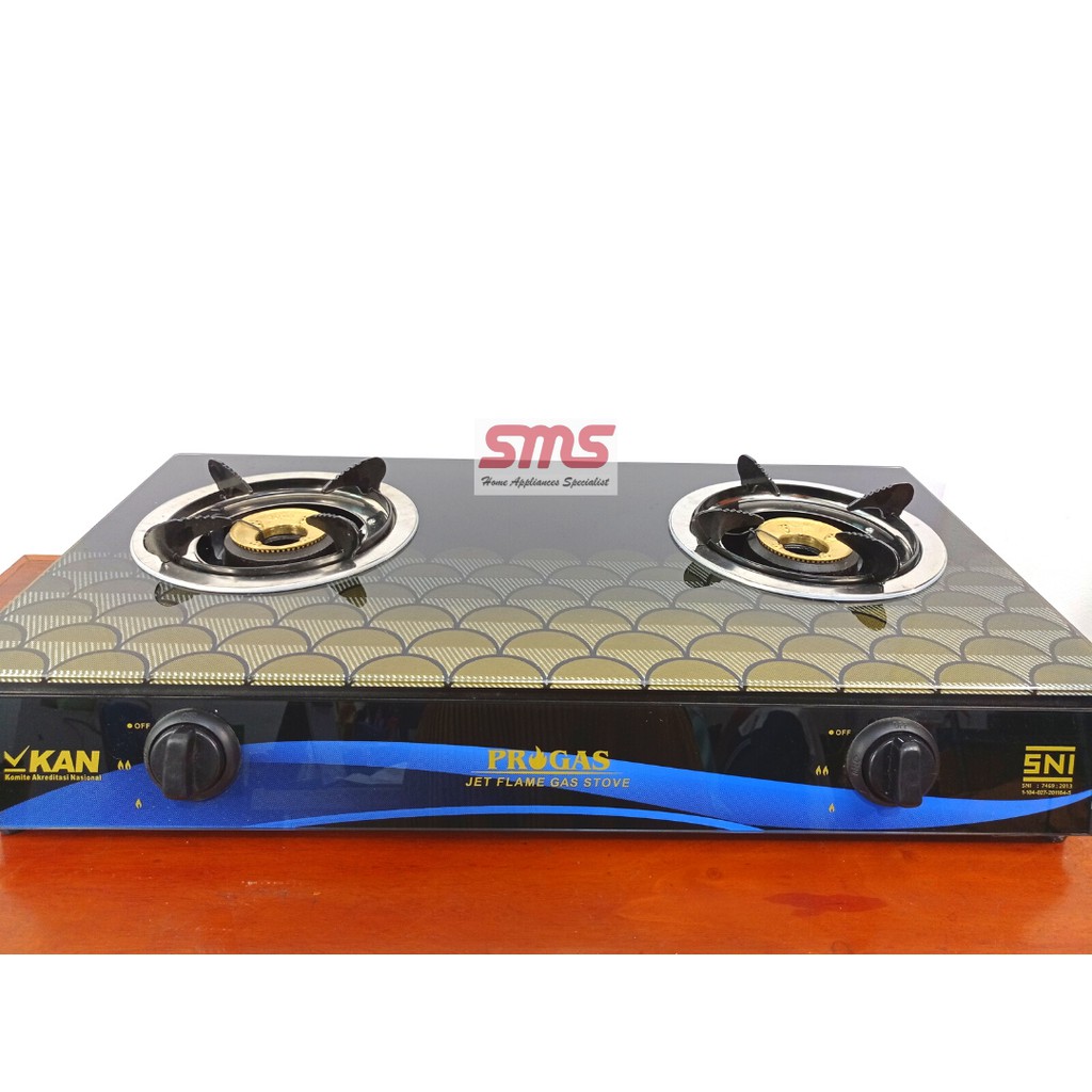 KOMPOR GAS PROGAS DUA TUNGKU KACA HITAM PANEL BIRU MOTIF SISIK / PERALATAN DAPUR