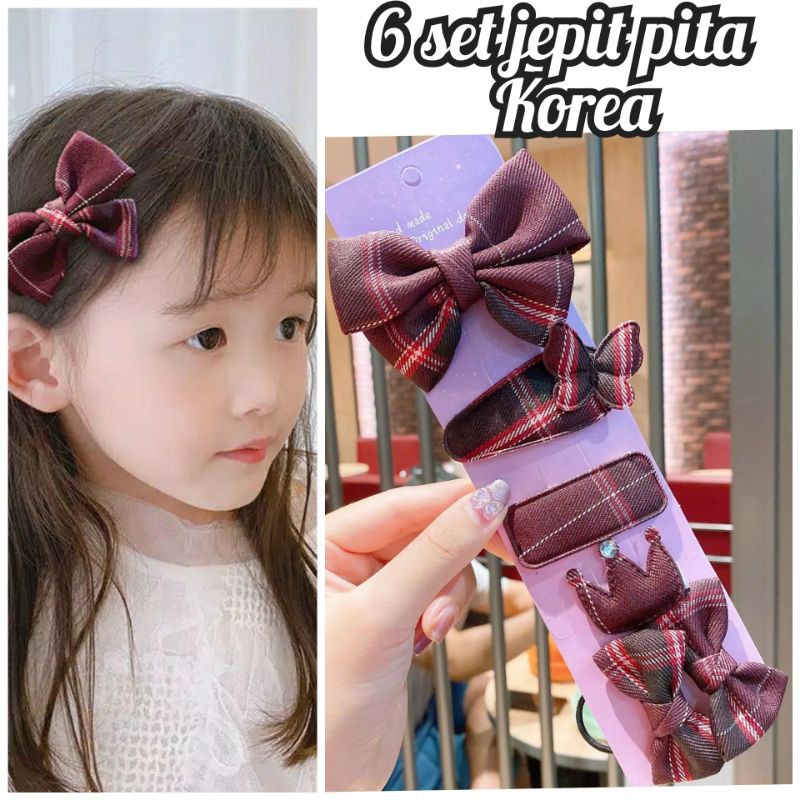 set jepit pita plaid korea anak isi 6 jepitan pita tartan korea