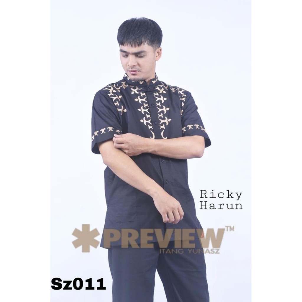 Jual Baju Koko Preview Hitam Lengan Pendek Bordir Berkualitas